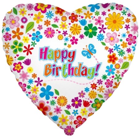Foliowe Balony kolorowe z napisem "Happy Birthday"(Kwiaty). 18"- 46 cm / 1 szt.