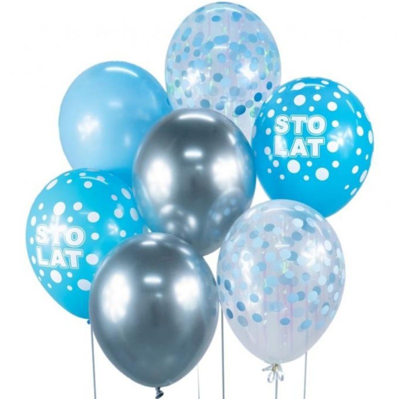 Lateksowe Balony srebrno-niebieski z napisem "Sto Lat". 12"- 30 cm / 7 szt.