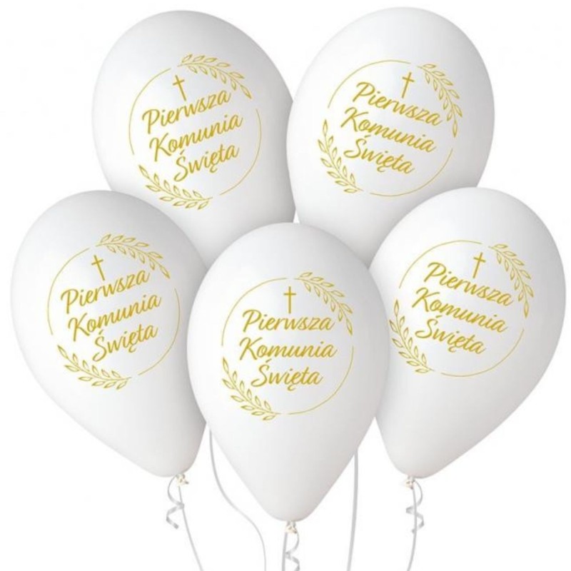 Lateksowe Balony białe z napisem "Pierwsza Komunia Św.". 13"- 32 cm / 5 szt.