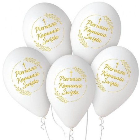 Lateksowe Balony białe z napisem "Pierwsza Komunia Św.". 13"- 32 cm / 5 szt.