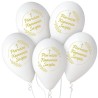 Lateksowe Balony białe z napisem "Pierwsza Komunia Św.". 13"- 32 cm / 5 szt.
