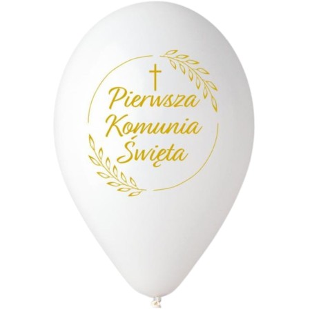 Lateksowe Balony białe z napisem "Pierwsza Komunia Św.". 13"- 32 cm / 25 szt.