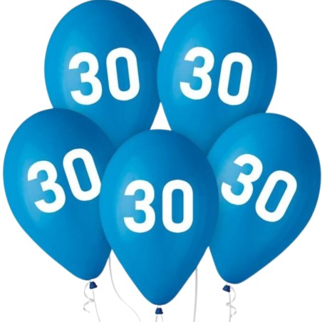 Lateksowe Balony niebieskie z nadrukiem "30". 12"- 30 cm / 5 szt.