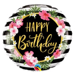 Foliowe Balony kolorowe z napis. "Happy Birthday" (Kwiaty). 18" - 46 cm / 1 szt.