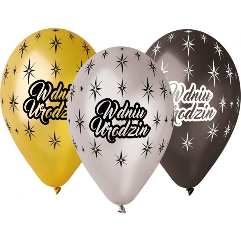 Lateksowe Balony kolorowe z napis. "W Dniu Urodzin" metalik. 12"- 30 cm / 6 szt.