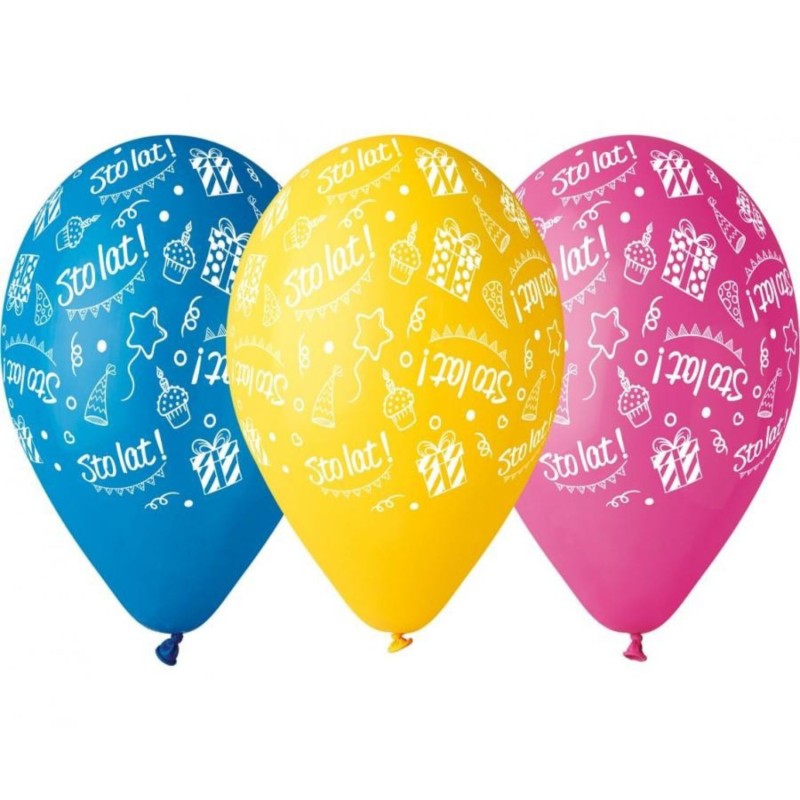 Lateksowe Balony kolorowe z napis. "Sto Lat". 12"- 30 cm / 5 szt.
