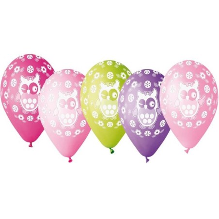 Lateksowe Balony kolorowe z nadru. "Sówka". 12"- 30 cm / 5 szt.