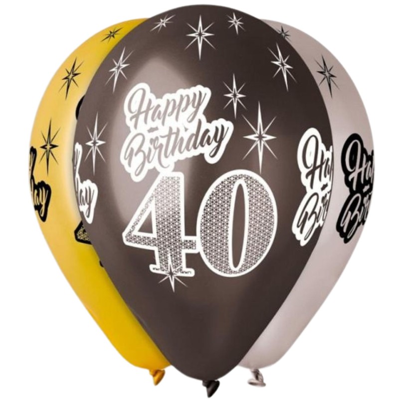 Lateksowe Balony kolorowe z napis. "Happy Birthday 40" metalik. 12" - 30 cm / 6 szt.