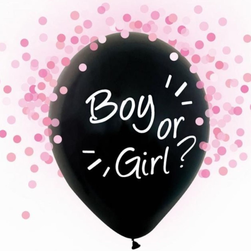Lateksowe Balony czarny z napis. "Boy Or Girl" różowe konfetti. 12" - 30 cm / 4 szt.