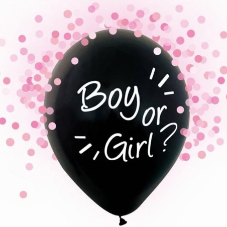 Lateksowe Balony czarny z napis. "Boy Or Girl" różowe konfetti. 12" - 30 cm / 4 szt.