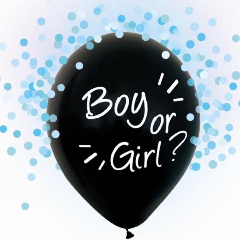 Lateksowe Balony czarny z napis. "Boy Or Girl" niebieskie konfetti. 12" - 30 cm / 4 szt.
