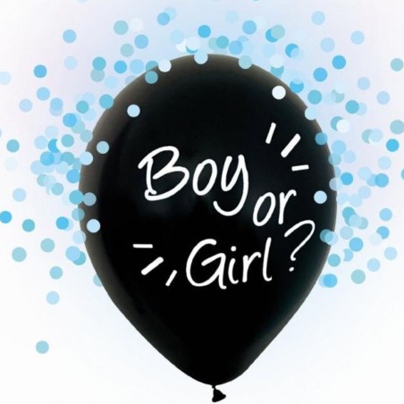Lateksowe Balony czarny z napis. "Boy Or Girl" niebieskie konfetti. 12" - 30 cm / 4 szt.
