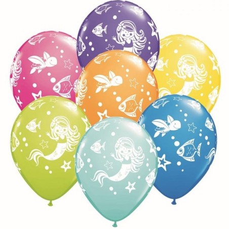 Lateksowe Balony kolorowe z nadru. Wesoła Syrenka i Przyjaciele 11" - 28 cm / 25 szt.