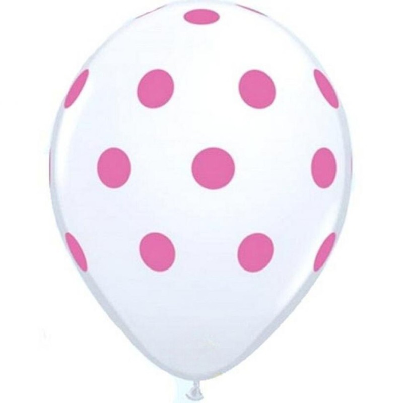 Lateksowe Balony białe z nadru. Różowe grochy 11" - 28 cm / 6 szt.