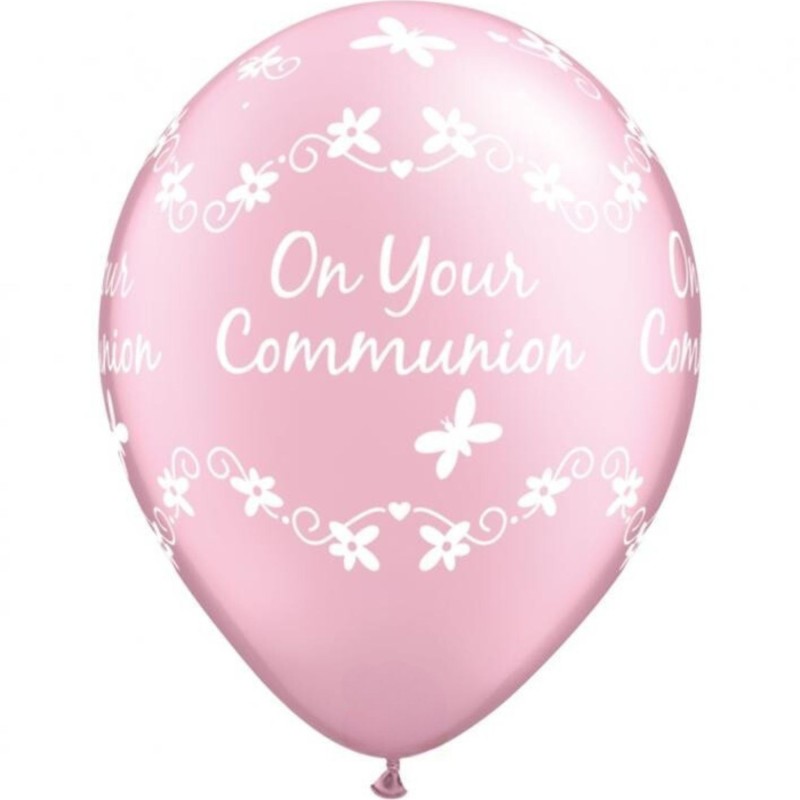 Lateksowe Balony różowy metalik  z napis. "On Your Communion" 11" - 28 cm / 25 szt.