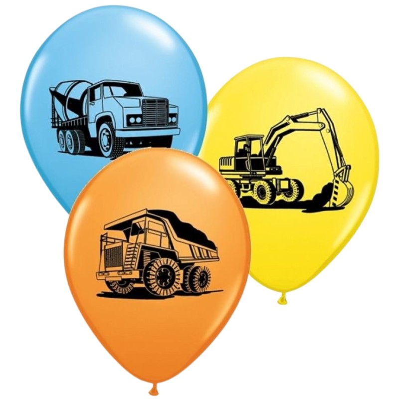 Lateksowe Balony kolorowe z nadru. Koparka i inne pojazdy 11" - 28 cm / 25 szt.