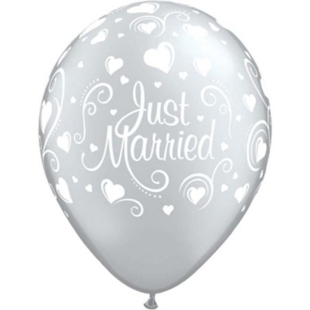 Lateksowe Balony srebrny z napis. "Just Married" (Serca) metalik 11" - 28 cm / 25 szt.