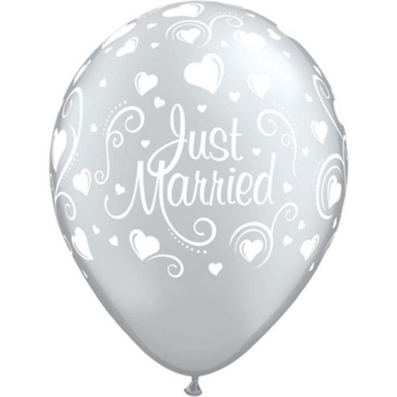 Lateksowe Balony srebrny z napis. "Just Married" (Serca) metalik 11" - 28 cm / 6 szt.