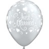 Lateksowe Balony srebrny z napis. "Just Married" (Serca) metalik 11" - 28 cm / 6 szt.