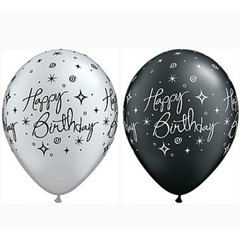 Lateksowe Balony czarny i srebrny z napis. "Happy Birthday" metalik 11" - 28 cm / 25 szt.
