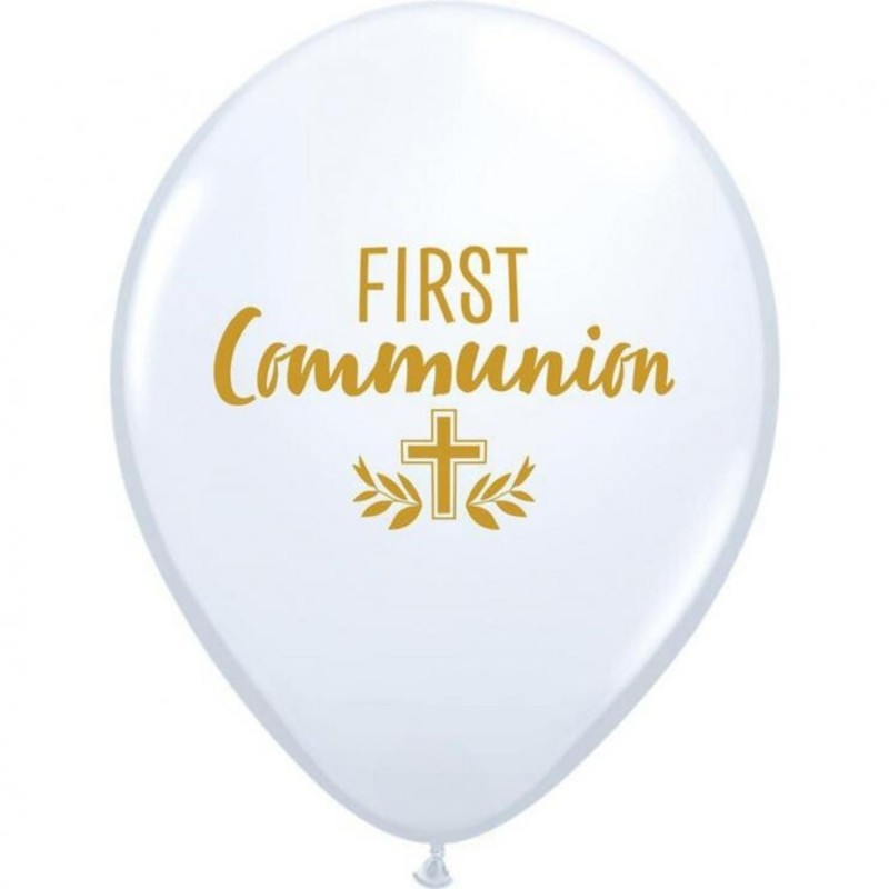 Lateksowe Balony białe z napis. "First communion" 11" - 28 cm / 25 szt.