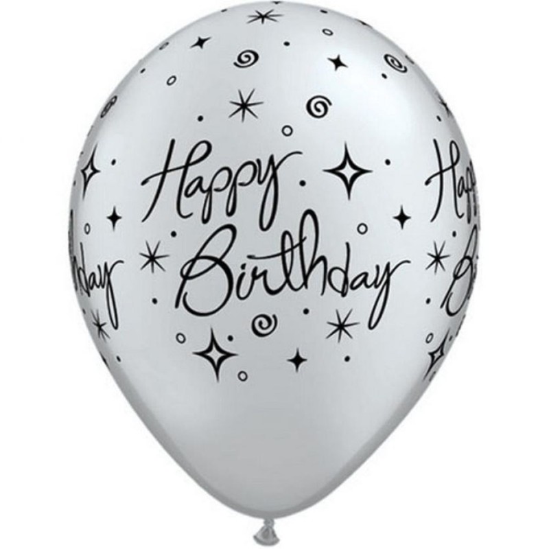 Lateksowe Balony srebrny z napis. "Happy Birthday" metalik 11" - 28 cm / 25 szt.