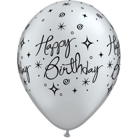 Lateksowe Balony srebrny z napis. "Happy Birthday" metalik 11" - 28 cm / 25 szt.