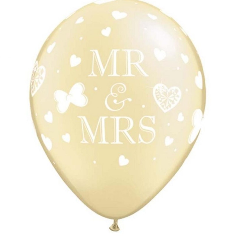 Lateksowe Balony beżowe z napis. "MR. & MRS. " 11" - 28 cm / 25 szt.