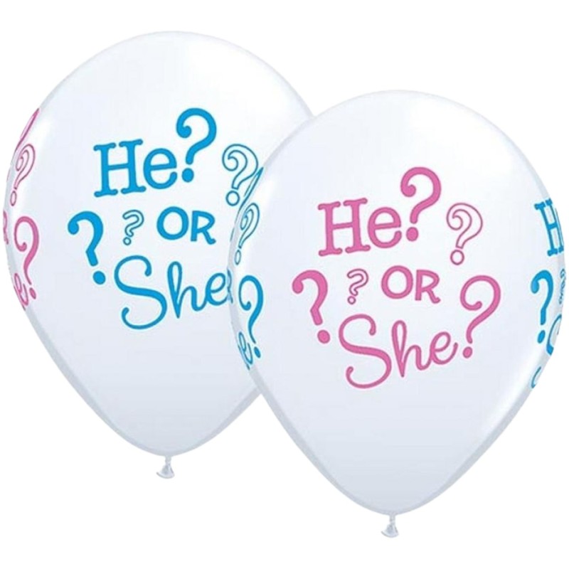 Lateksowe Balony biały z napis. "He? or She?" 11" - 28 cm / 25 szt.