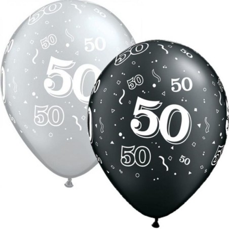 Lateksowe Balony srebrny i czarny z napis. "50" metalik 11" - 28 cm / 25 szt.