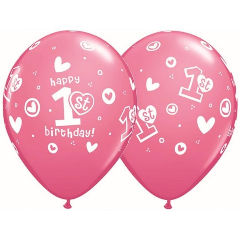 Lateksowe Balony różowy z napis. "1st Happy Birthday" 11" - 28 cm / 25 szt.