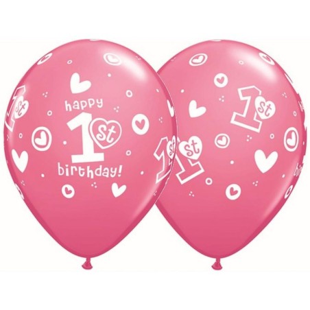Lateksowe Balony różowy z napis. "1st Happy Birthday" 11" - 28 cm / 25 szt.