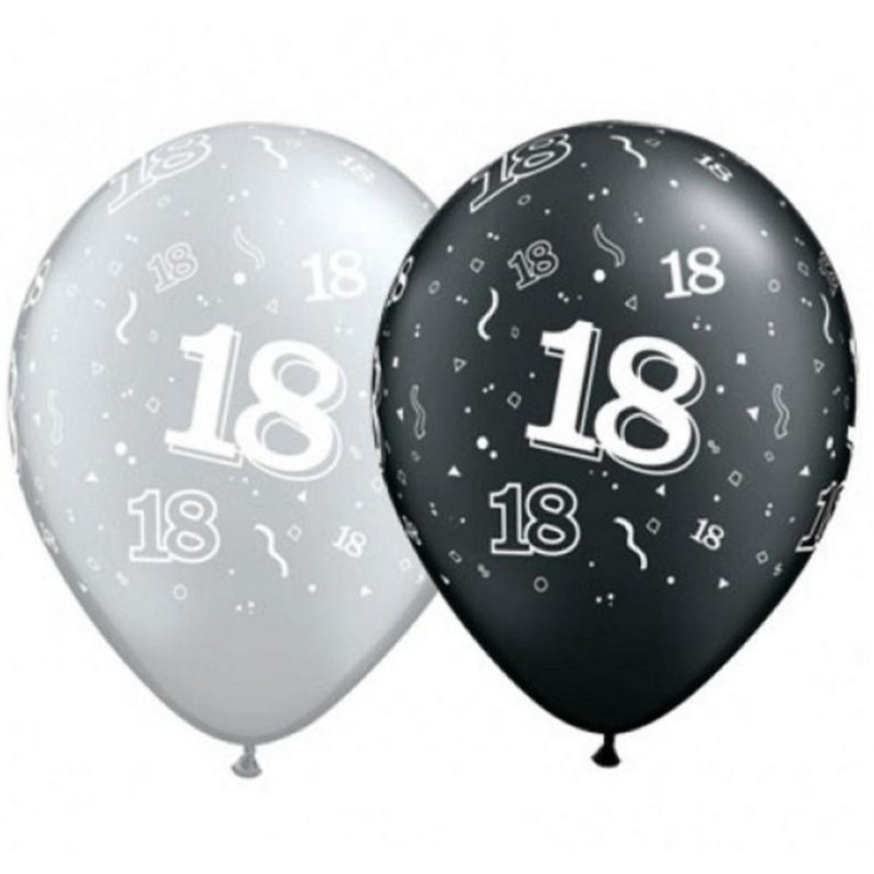Lateksowe Balony czarny i srebrny z napis. "18" 11" - 28 cm / 25 szt.