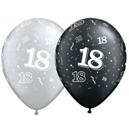 Lateksowe Balony czarny i srebrny z napis. "18" 11" - 28 cm / 25 szt.