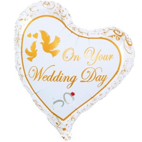 Foliowy Balony biały z napis. "On Your Wedding Day"(Serce). 14" - 35 cm / 1 szt.
