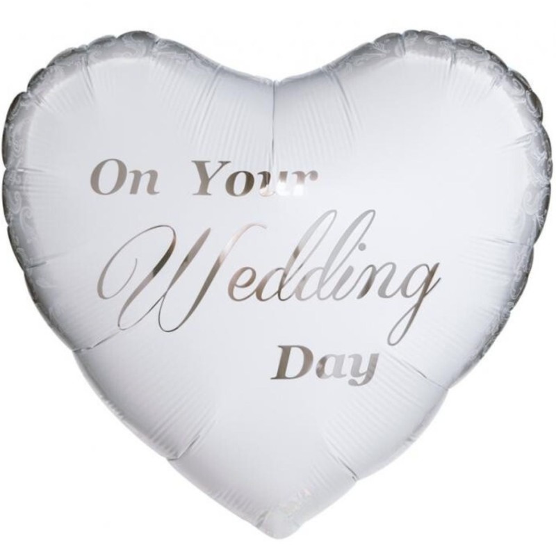 Foliowy Balony biały z napis. "On Your Wedding Day"(Serce). 14" - 35 cm / 1 szt.