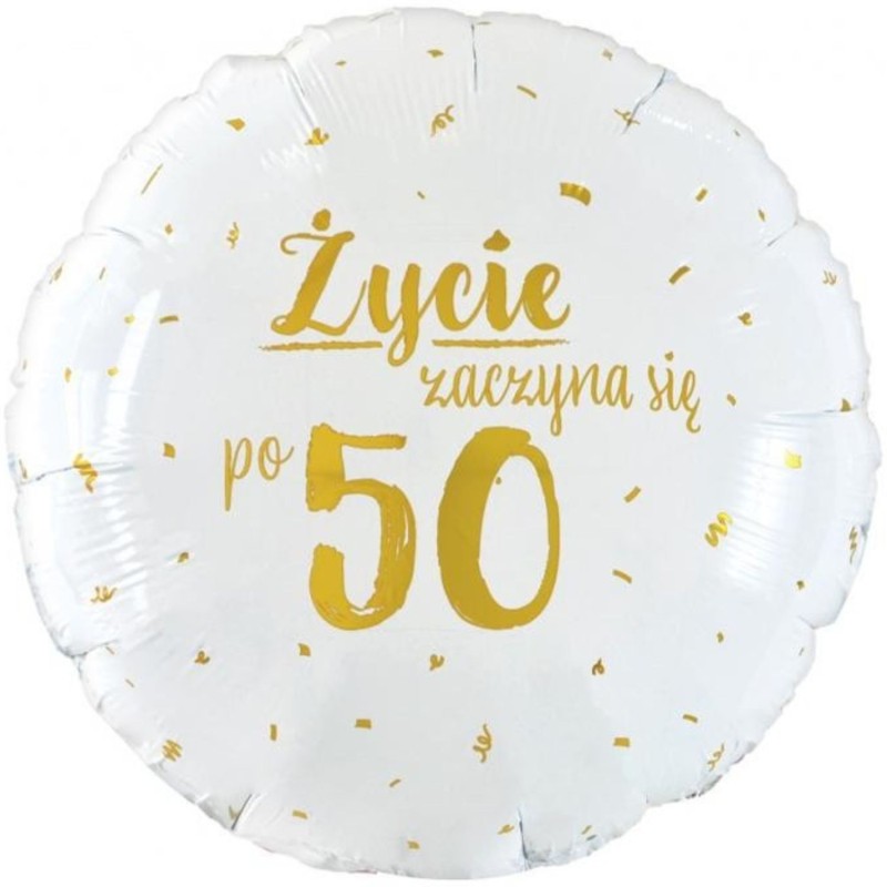 Foliowy Balony biały z napis. "Życie zaczyna się po 50". 18" - 46 cm / 1 szt.
