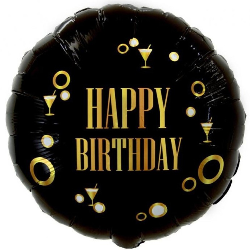 Foliowy Balony czarny z napis. "Happy Birthday". 18" - 46 cm / 1 szt.