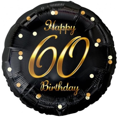 Foliowy Balony czarny z napis. "Happy 60 Birthday" nadruk złoty. 18" - 46 cm / 1 szt.