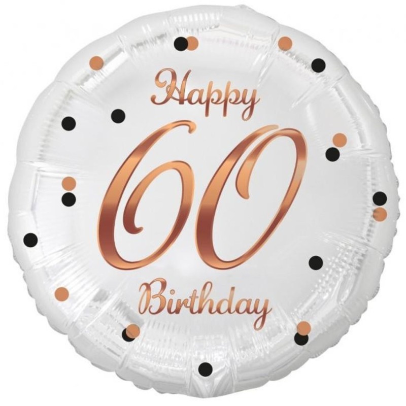 Foliowy Balony biały z napis. "Happy 60 Birthday" nadruk różowo-złoty. 18" - 46 cm / 1 szt.