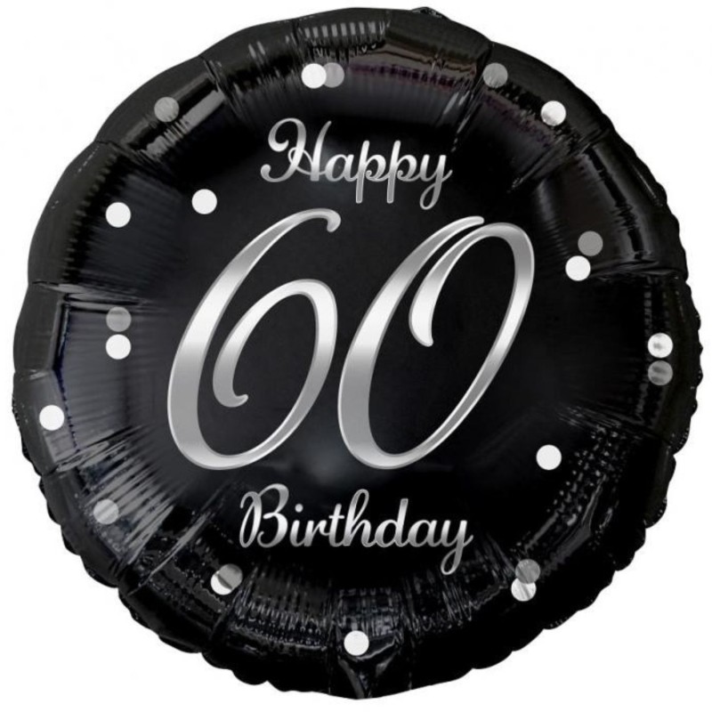 Foliowy Balony czarny z napis. "Happy 60 Birthday" nadruk srebrny. 18" - 46 cm / 1 szt.