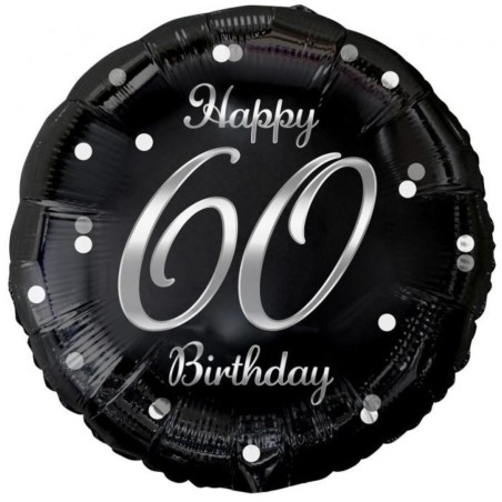 Foliowy Balony czarny z napis. "Happy 60 Birthday" nadruk srebrny. 18" - 46 cm / 1 szt.
