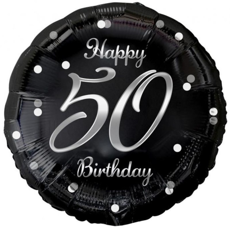Foliowy Balony czarny z napis. "Happy 50 Birthday" nadruk srebrny. 18" - 46 cm / 1 szt.