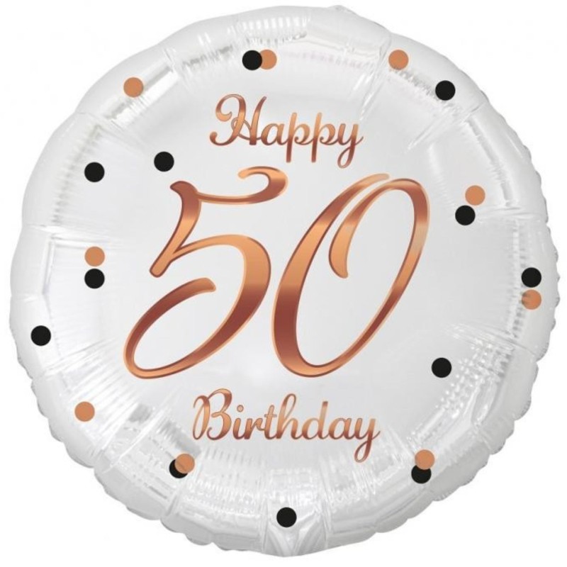 Foliowy Balony biały z napis. "Happy 50 Birthday" nadruk różowo-złoty. 18" - 46 cm / 1 szt.
