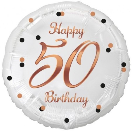 Foliowy Balony biały z napis. "Happy 50 Birthday" nadruk różowo-złoty. 18" - 46 cm / 1 szt.