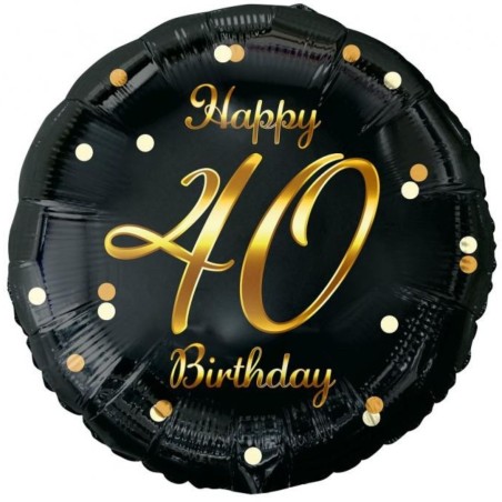 Foliowy Balony czarny z napis. "Happy 40 Birthday" nadruk złoty. 18" - 46 cm / 1 szt.