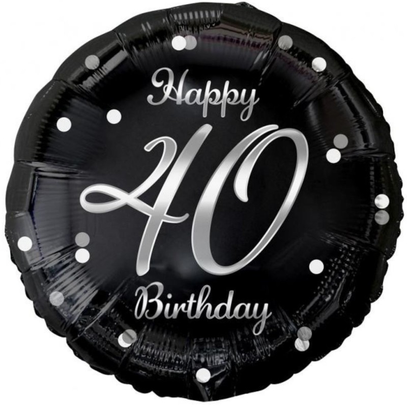 Foliowy Balony czarny z napis. "Happy 40 Birthday" nadruk srebrny. 18" - 46 cm / 1 szt.