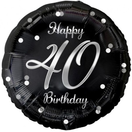 Foliowy Balony czarny z napis. "Happy 40 Birthday" nadruk srebrny. 18" - 46 cm / 1 szt.