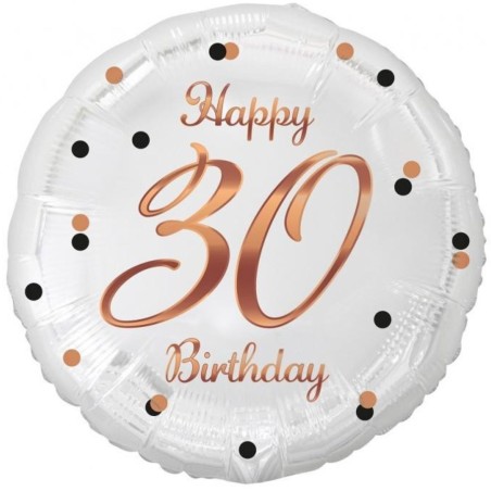 Foliowy Balony biały z napis. "Happy 30 Birthday" nadruk różowo-złoty. 18" - 46 cm / 1 szt.