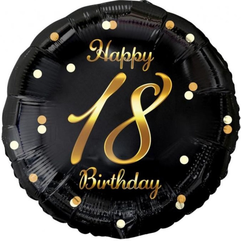 Foliowy Balony czarny z napis. "Happy 18 Birthday" nadruk złoty. 18" - 46 cm / 1 szt.